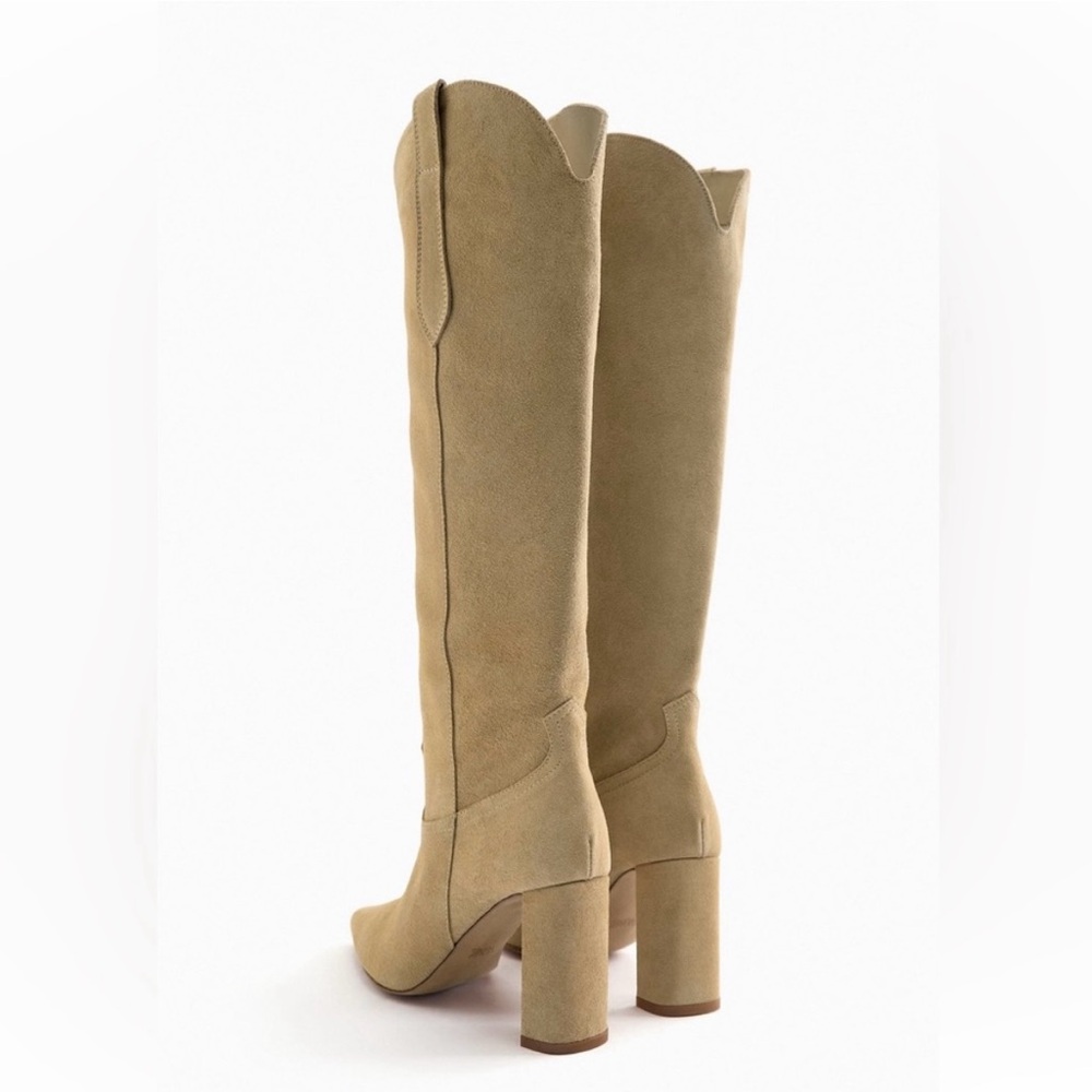 Zara boots leather suede tan camel high tops knee heels heeled cowboy - Picture 6 of 8